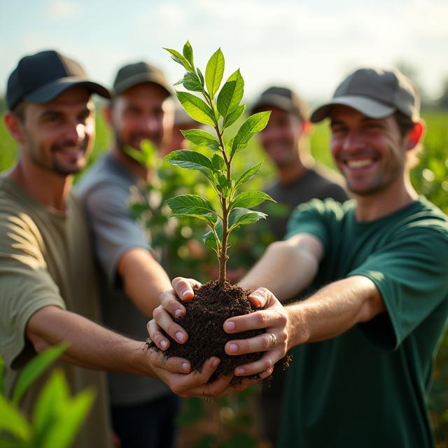Équipe tenant de jeunes plants d’arbres après une action de reforestation