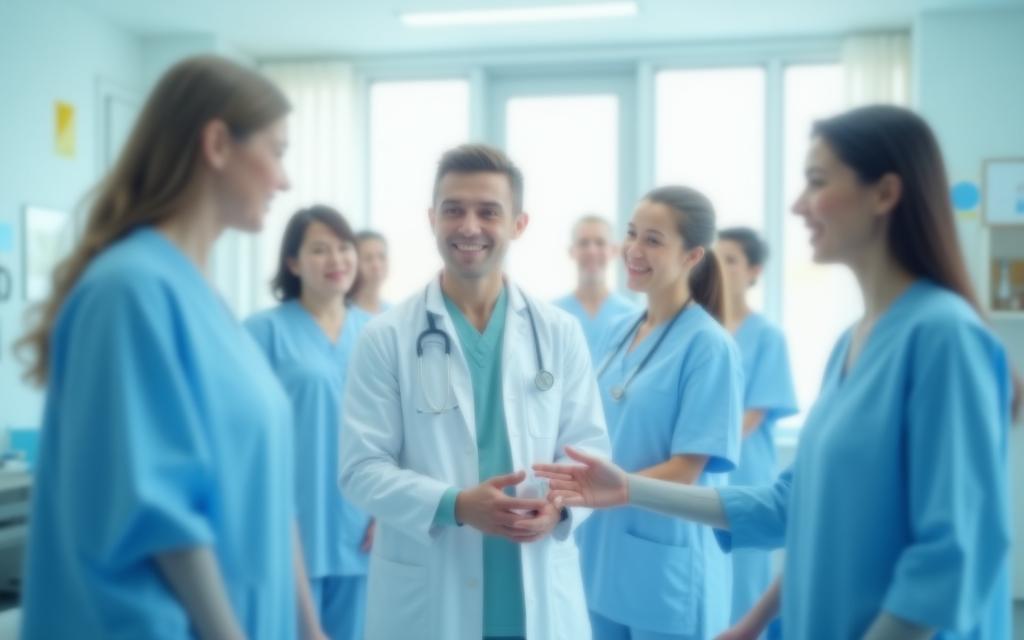 Professionnels de santé accueillant un patient dans un espace lumineux